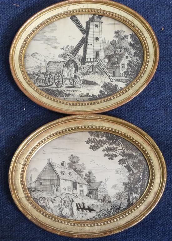 A pair of Regency hairwork pictures depicting millers loading a waggon and a milkmaid beside a cottage 5.5 x 7.5in.